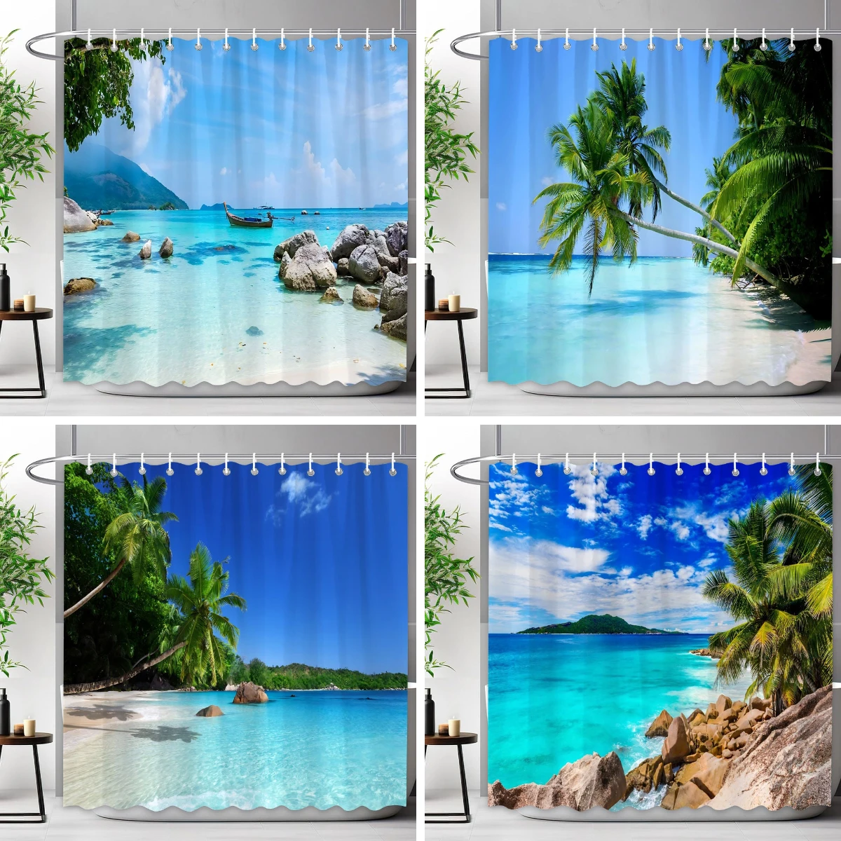 Seaside Scenery Shower Curtain Blue Ocean Beach Tropical Woods Outdoor Nature Landscape Polyester Shower Curtains Bathroom Decor