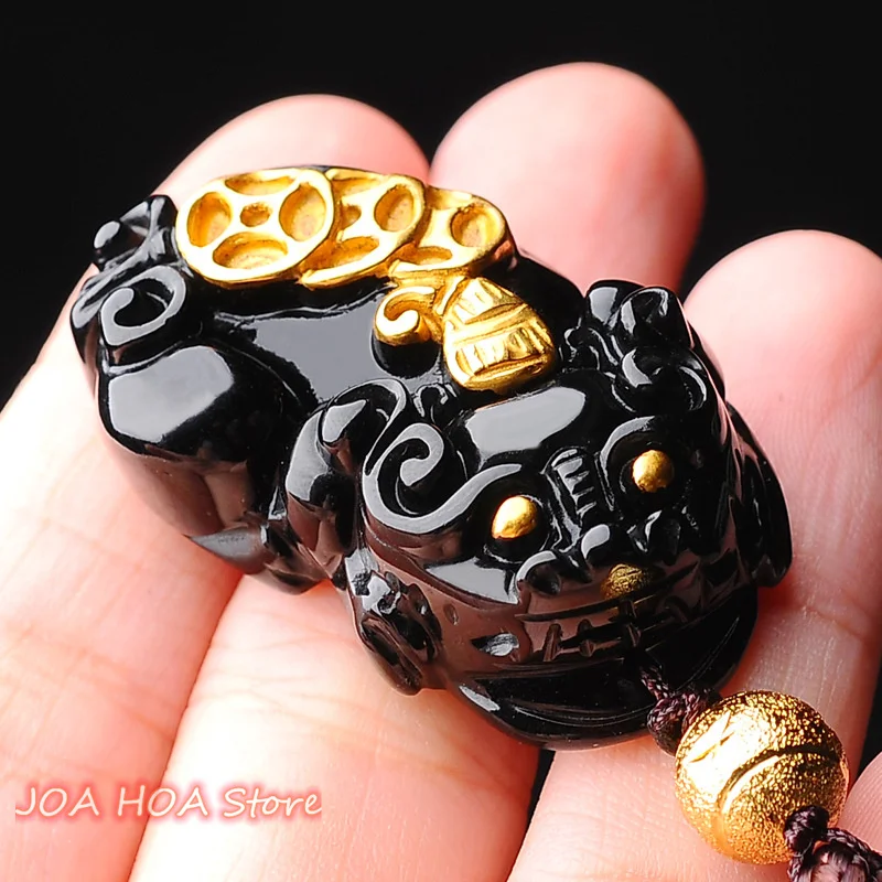 

Hot Selling Natural Authentic Pixiu Inlaid Gold Obsidian Pendant Attract Wealth FENGSHUI Bead Chain Necklace Fine Jewelry