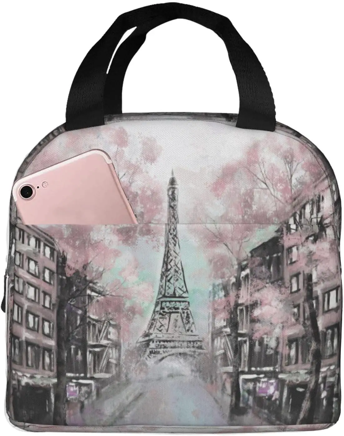 Oil Painting Paris Lunch Bag Compact Tote Bag Eiffel Tower Reusable Lunch Box Container For Women Men School Office Work