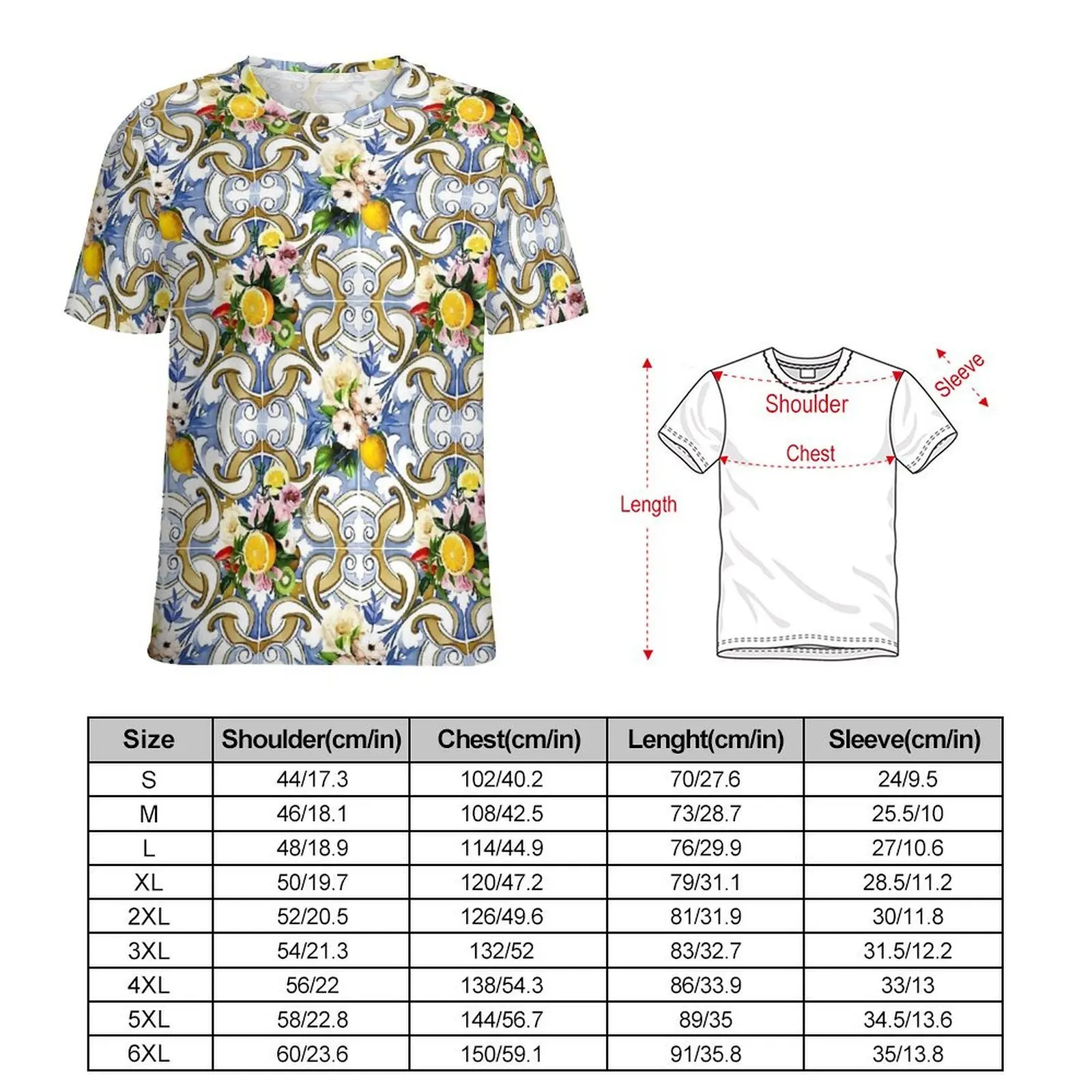 Lemon Retro T Shirt Sicilian Tiles Vintage T Shirts Men Casual Tee Shirt Summer Short Sleeve Pattern Tops Plus Size 6XL