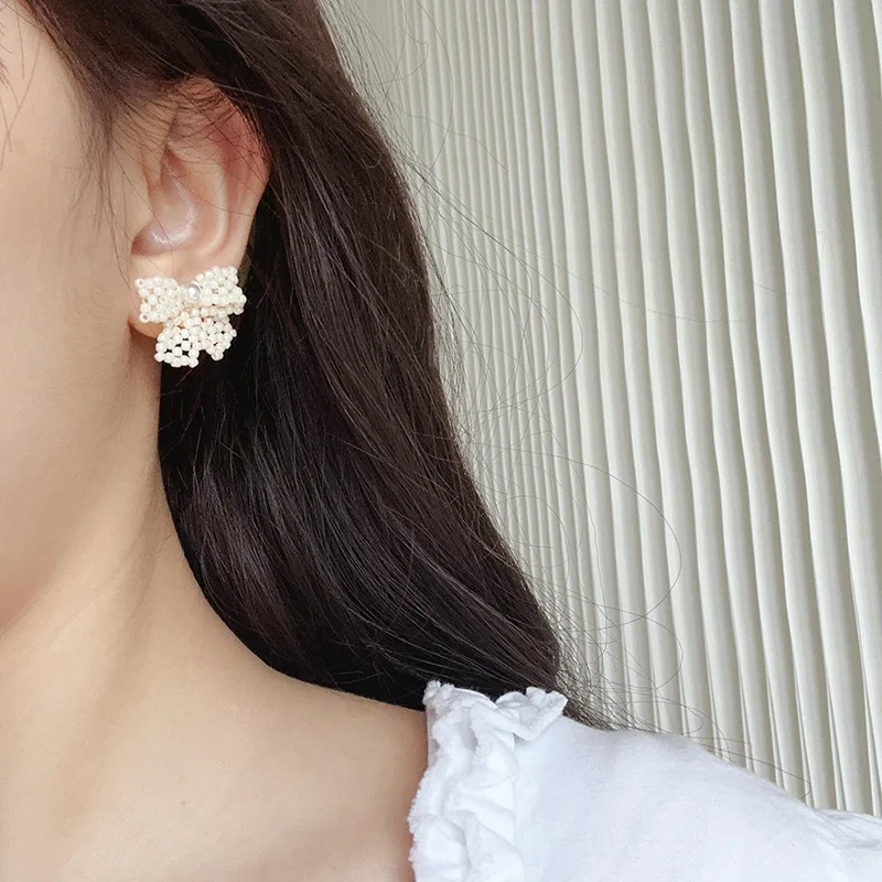 Appearance Is Responsible For Handmade Millet Beads, Bow Earrings, Korean Lady Fan Daily Versatile Earrings Jewelry