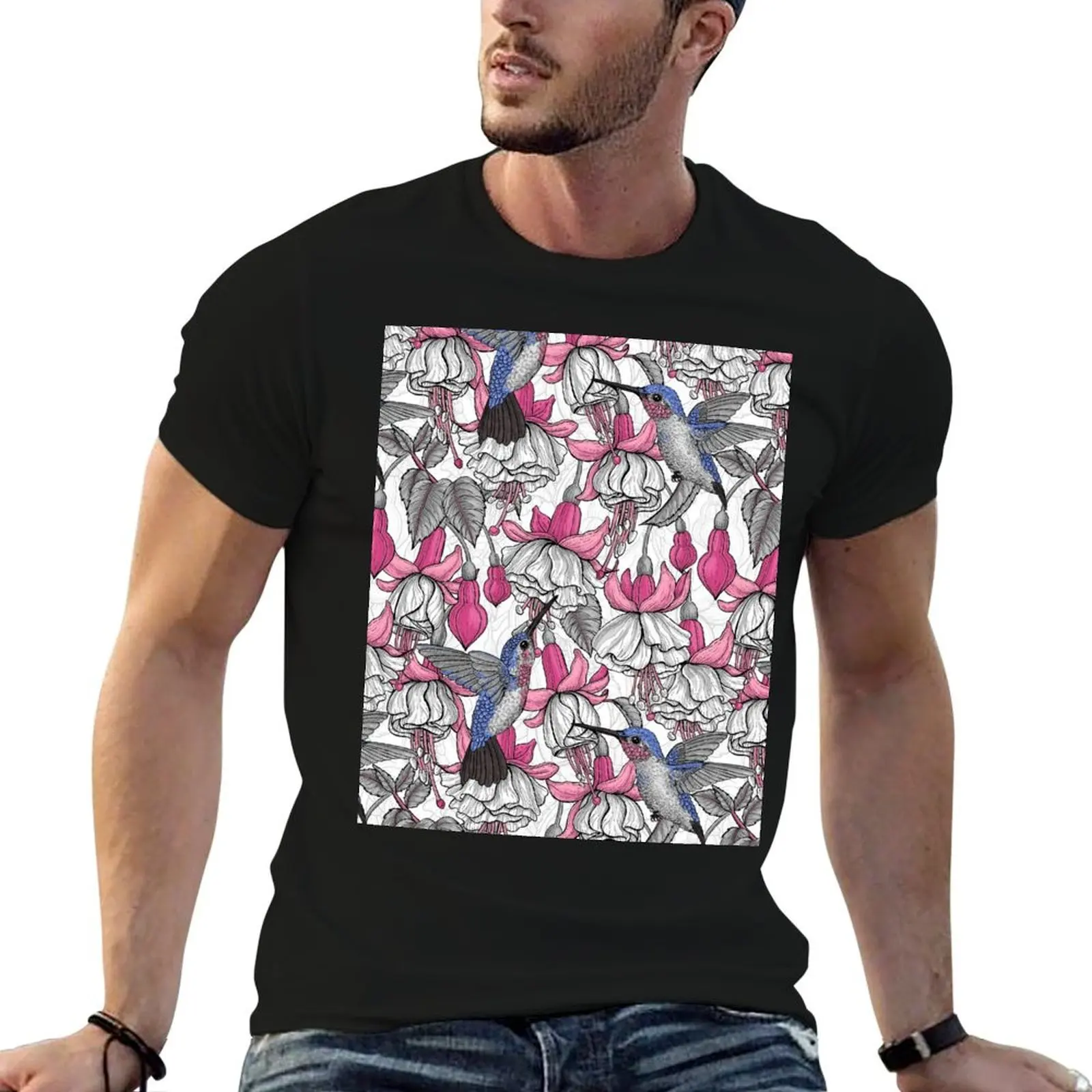 White fuchsia and hummingbirds T-Shirt cheap stuff anime clothes plus size tops mens funny t shirts