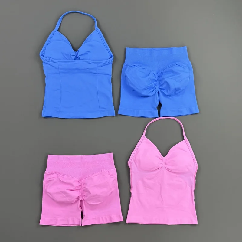 2-teiliges HISTELLO Impact Set für Damen, GYM Longline Strappy Top, nahtloses Yoga-Set, Scrunch Butt Sportshorts, Workout-Fitness-Anzug – Detail 10