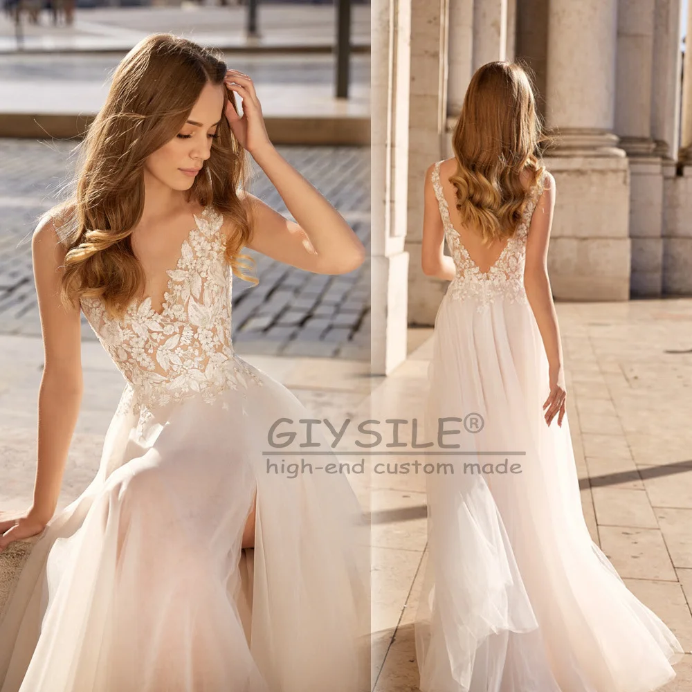 GIYSILE Customized Sexy Deep V Neck Wedding Dresses for Women 2025 Bride Open Back Boho Lace Bridal Party Gown Sleeveless Dress