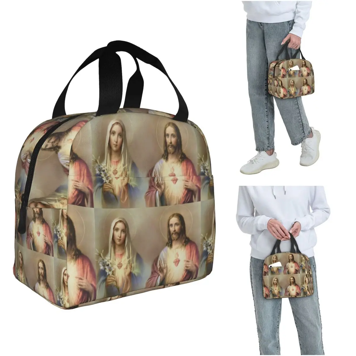 Sacred Heart Jesus Immaculate Mary Religious Poster Insulated Lunch Bag for Women Kids Food Boxes Thermal Lunch Box Tote
