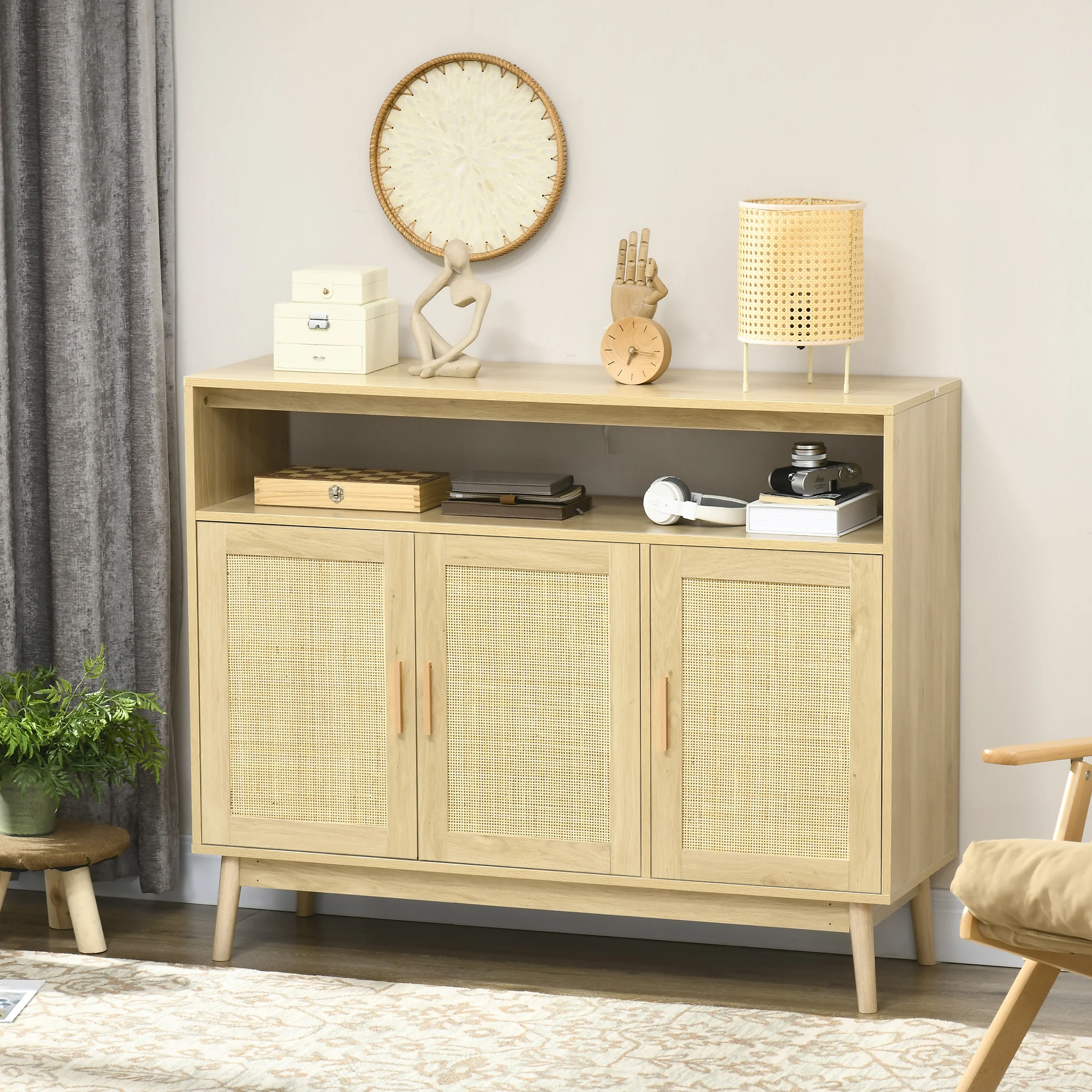 HOMCOM Aparador de Cocina con 3 Puertas de Ratán 120x40x97 cm Natural
