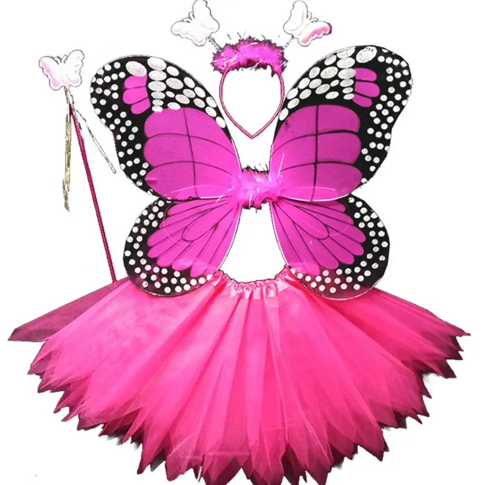 Adult Kids 3/4Pcs Fairy Costume Set Simulation Butterfly Wings Skirt Headband Wand Princess Girls Party Dress Up Halloween Gift