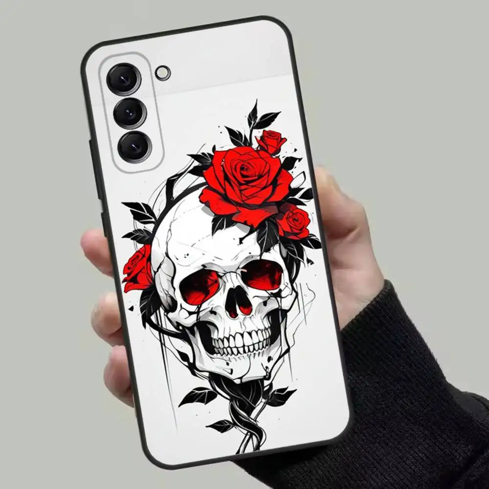 الجمجمة الأزهار الكرتون حالة الهاتف لسامسونج غالاكسي A13، A21s، A22، A31، A32، A52، A53، A71، A80، غلاف أسود ناعم