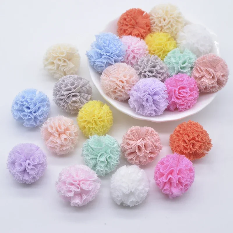 50Pcs/lot 20mm Colorful Elastic Mesh Flower Ball for Sewing on Scarf Shoes Hats Fur DIY Headwear Hair Clip Bow Accessories