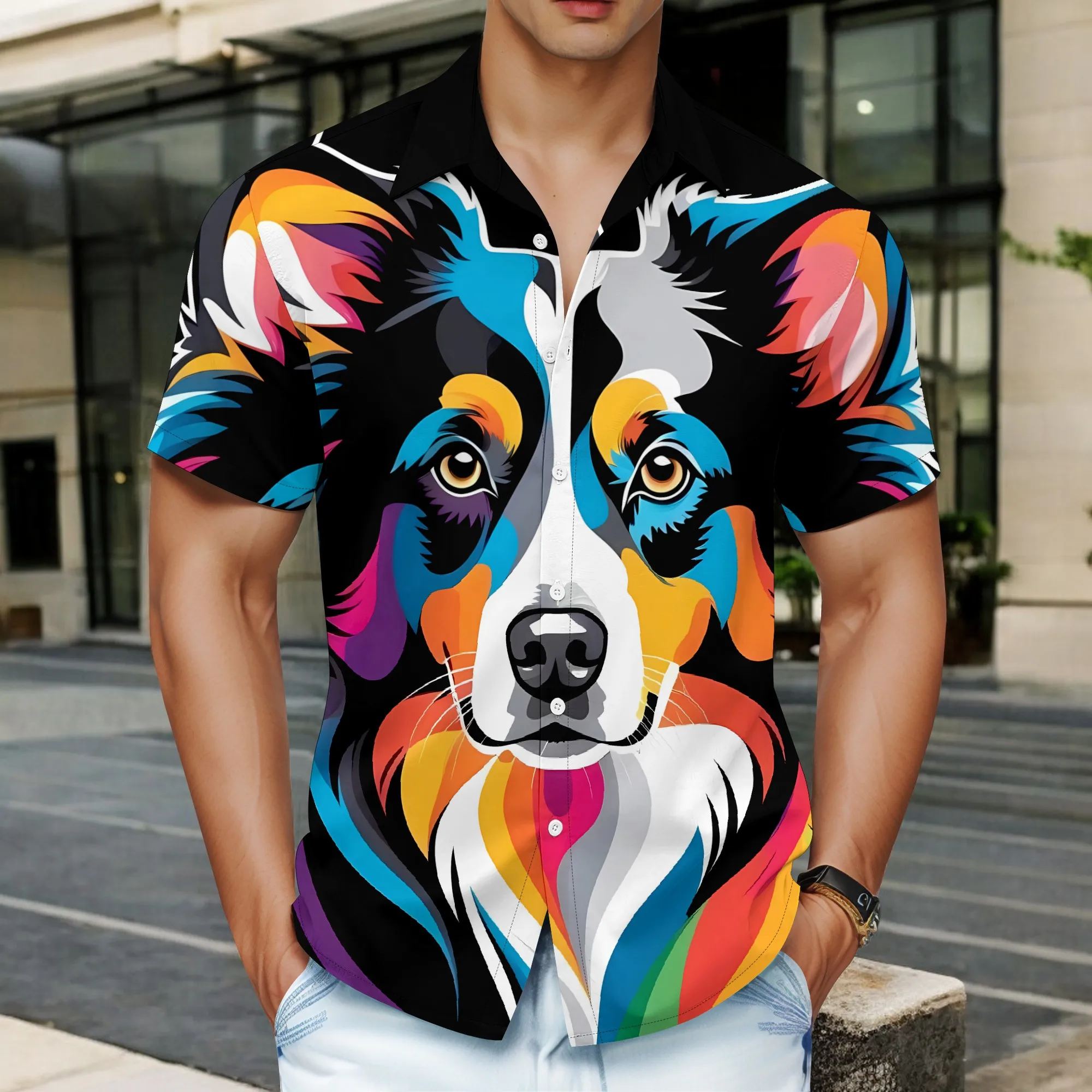 

YEAE Colorful Dog Portrait Print Shirt for Men Summer Casual Short Sleeve Top