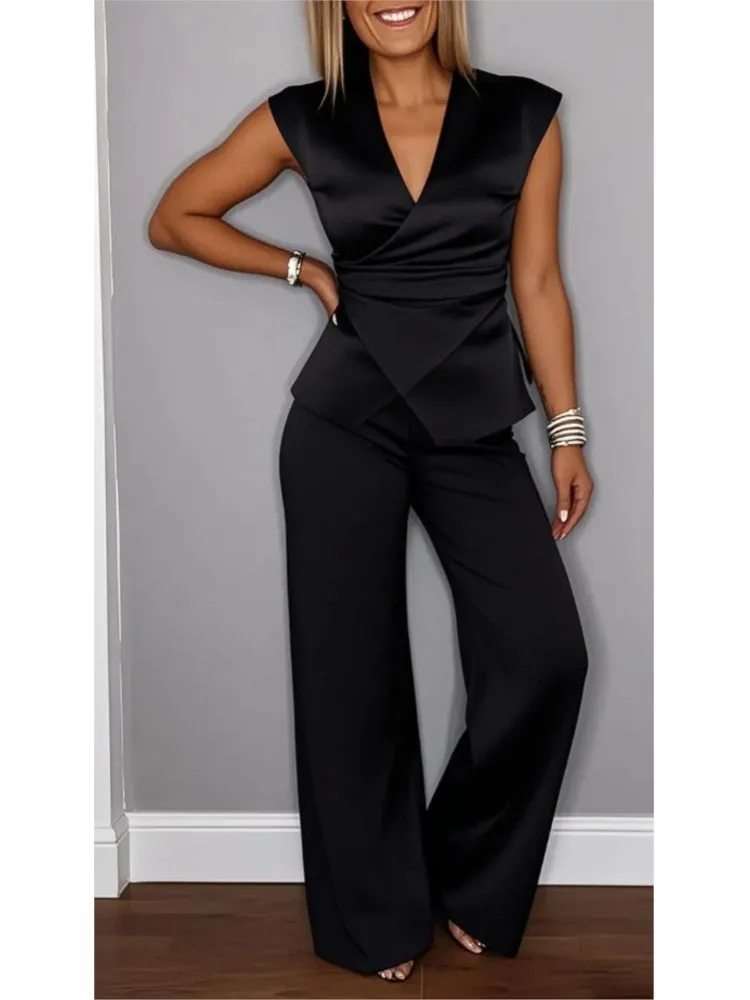 

Woman Casual Suit Sleeveless V-neck Neckline Pleated Button Top 2piece Set Elegant Women Office Wide-leg Long Pants Twopiece Set