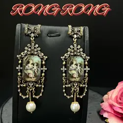Retro Palace Style Diamond Pearl Character Portrait Optimized Earrings Western Antique Vintage Medieval Earrings