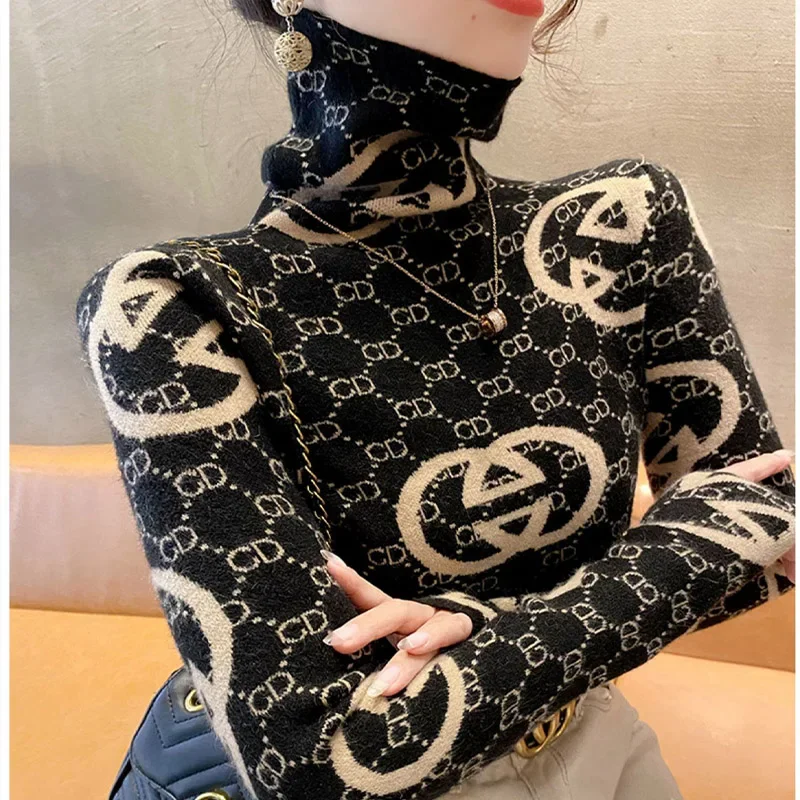 Frauen Kleidung Vintage Jacquard Strickwaren Herbst Winter Dünne Gestrickte Rollkragen Pullover Mode Bequeme Wolle Pullover