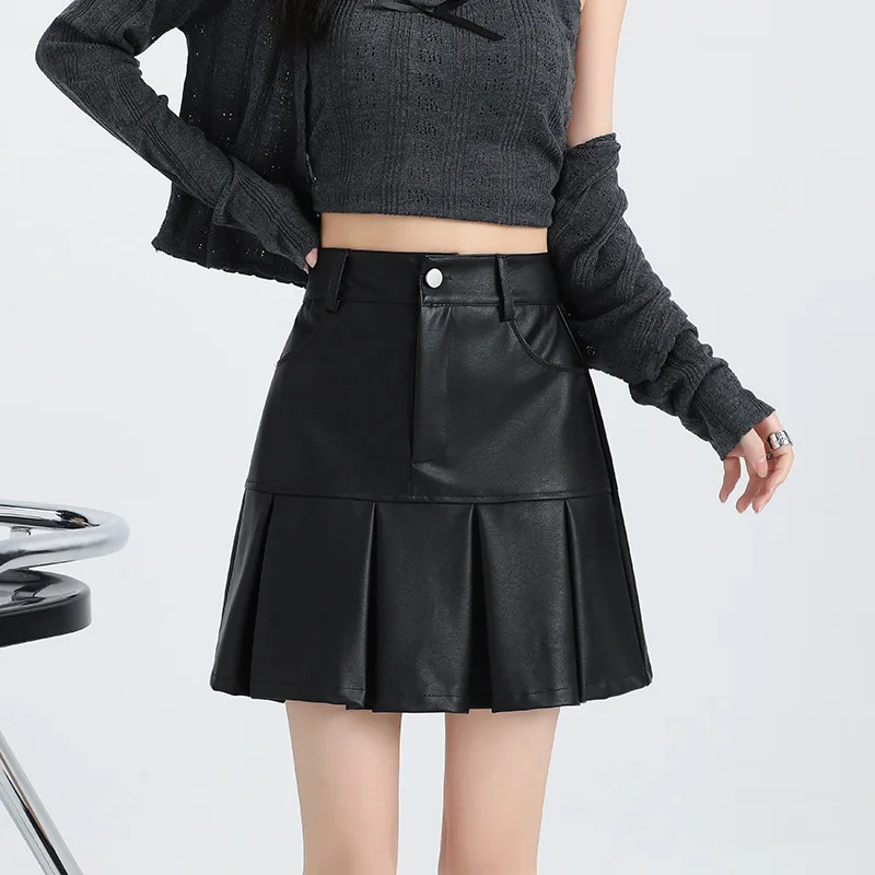 Krótkie spódniczki damskie Pu Skirt A Line Slim Fit Pleated Casual Streetwear High Waist Elegant Splice Y2k Party Vintage Club Summer