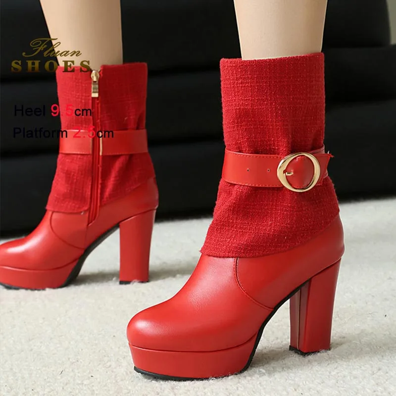 

Модные короткие ботинки, женские ботинки на очень высоком каблуке 9,5 см, непромокаемые ботинки до середины икры на толстой платформе, осенне-зимняя теплая хлопковая обувь