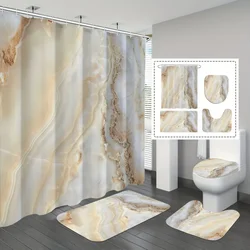 1/3/4pcs Rice White Marble Texture Tile Simple Shower Curtain Set, Bathroom Set, Bathroom Carpet, U-shaped Mat, Toilet Seat Cove
