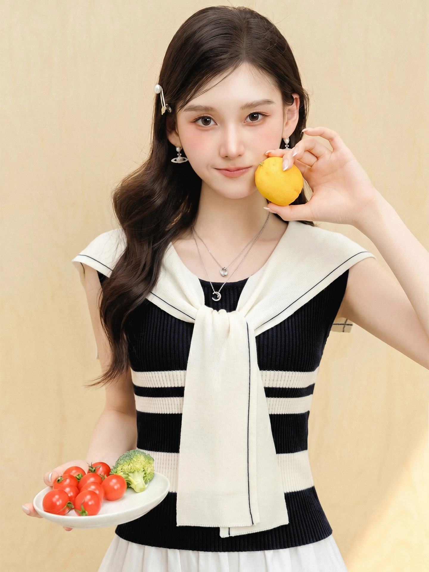 Blue Navy Collar Sleeveless Knitted Vest Women's Summer Outwear Slim Fit Waist Cinched Sashless Top Breathable Lightweight