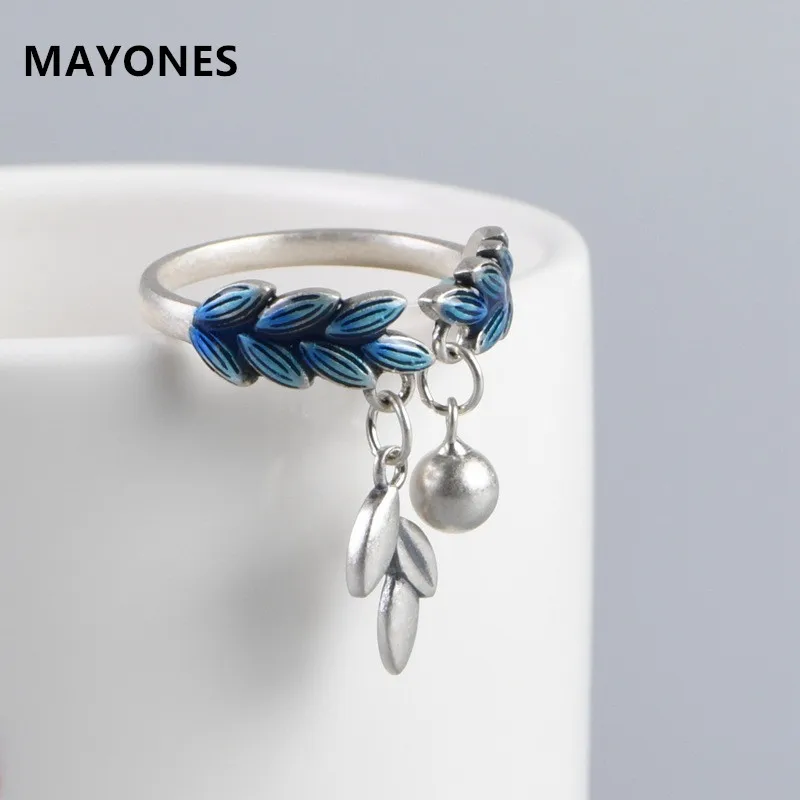 MAYONES S925 Silver Ring Women's Vintage Matte Burnt Blue Wheat Ear Silver Leaf Open Ring Silver Beads Tassels