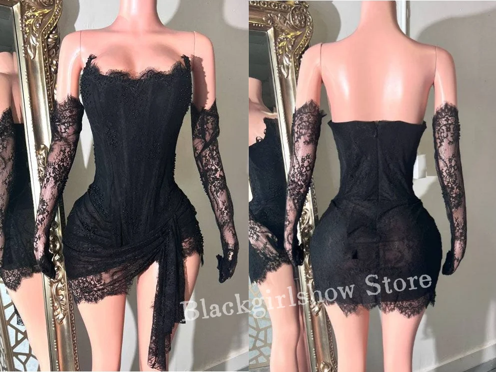 Luxury Lace Short Prom Dresses 2025 Sexy Sheath Lace Tie With Gloves Black Girls Birthday Ball Celebrity Dresses платье вечернее