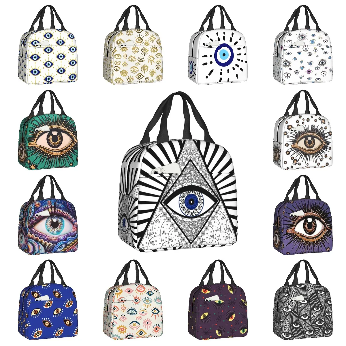 

Evil Eye Triangle Pattern Insulated Lunch Bag for Women Resuable Hamsa Amulet Thermal Cooler Bento Box Office Work School