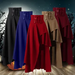 Steampunk Women's Irregular Skirts Medieval Gothic Vintage High Waist Half Skirt Victorian Drawstring Lace Up Waistband Faldas