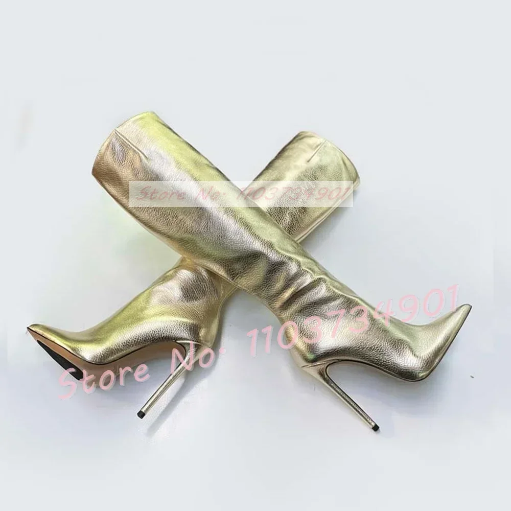 Women's Gold Metallic Knee-High Stiletto Boots Sleek Silhouette Pointed Toe High Heels Boots Lady Luxe Stylish Nightclubs Shoes