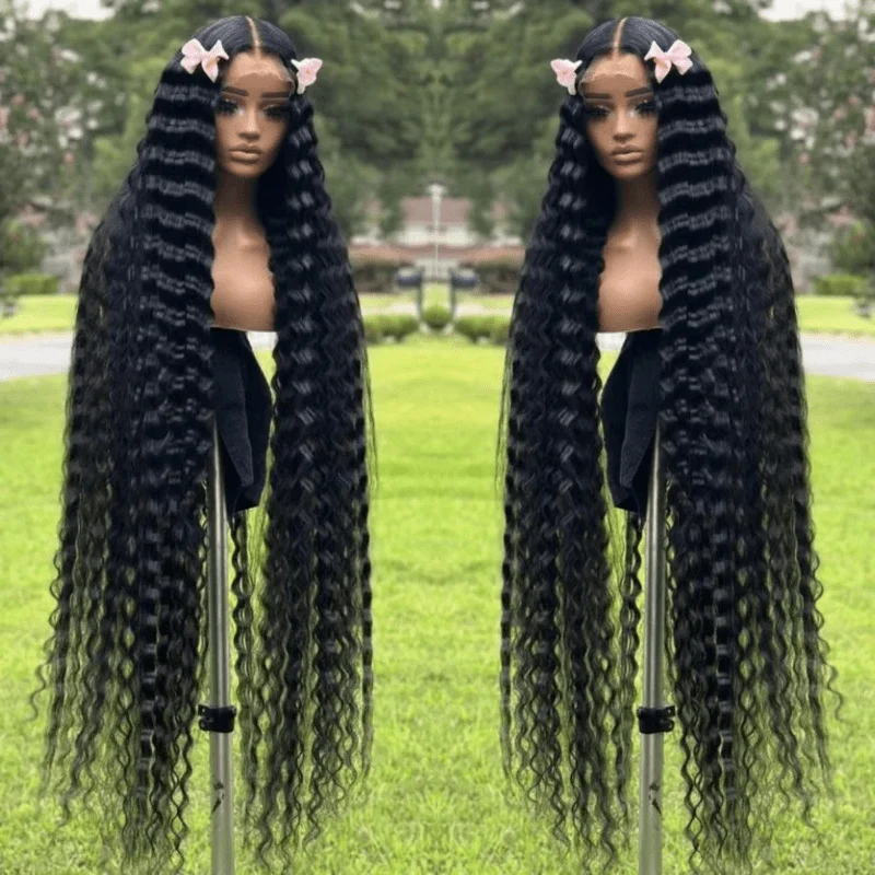 13x6 Deep Wave Lace Front Wigs Human Hair 200% Density 26 Inch Curly Human Hair Wig for Women Natural Black HD Transparent Lace