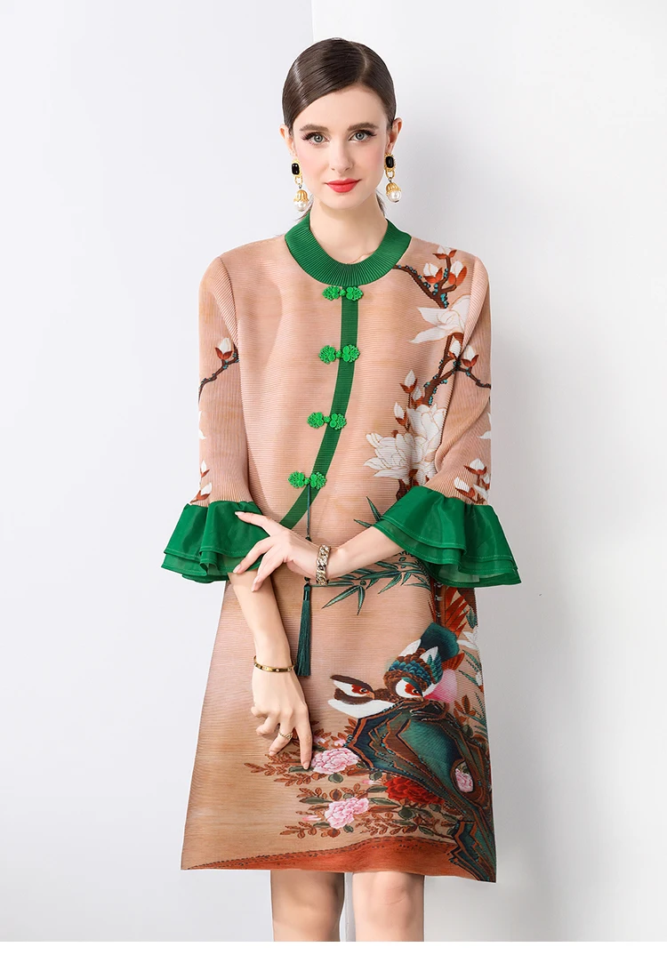2024 Autumn New Wrinkle Elastic Magic Skirt for Women, Chinese Retro Printed O-Neck Loose Large Casual Long Sleeve Skirt