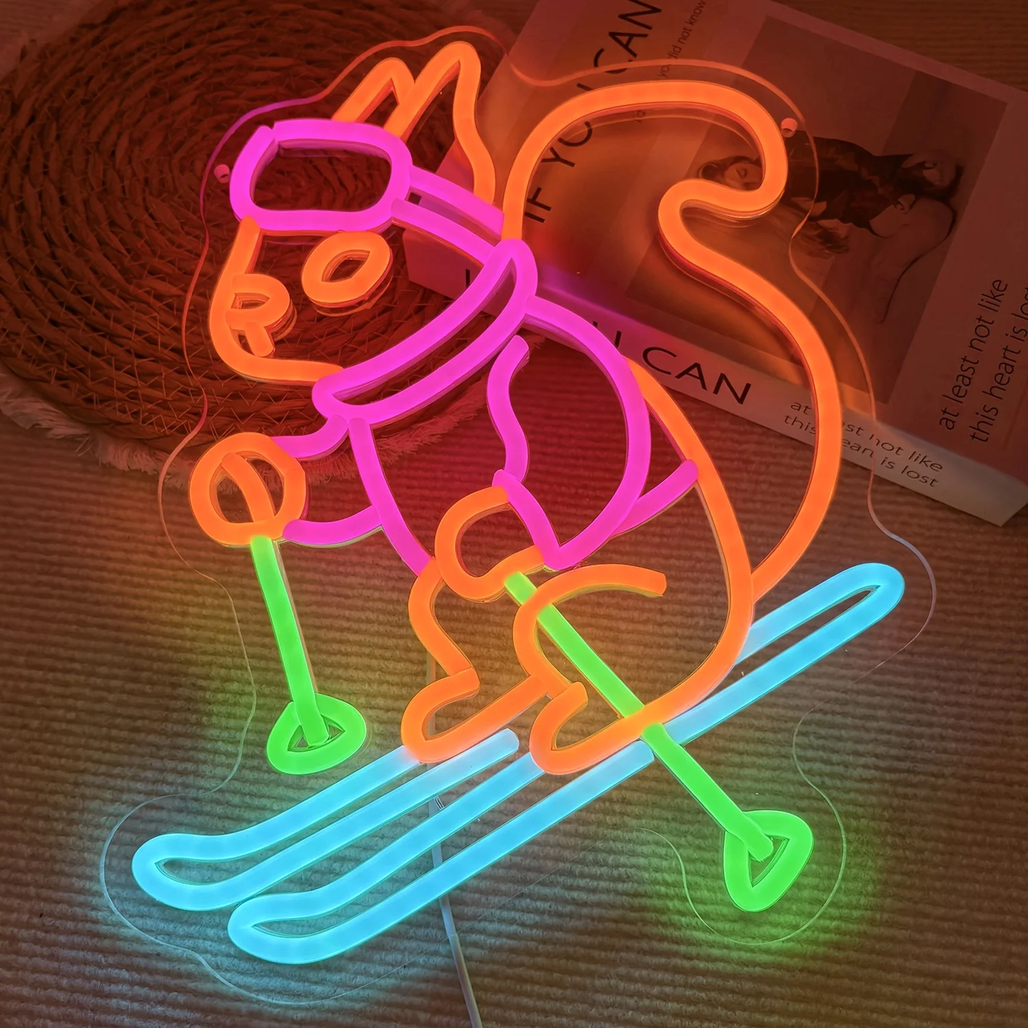 Letrero de neón de esquí de ardilla, luz de neón LED regulable por USB para deportes de invierno, para dormitorio, Club de esquí, tienda de mascotas, decoración, regalo para amantes del esquí
