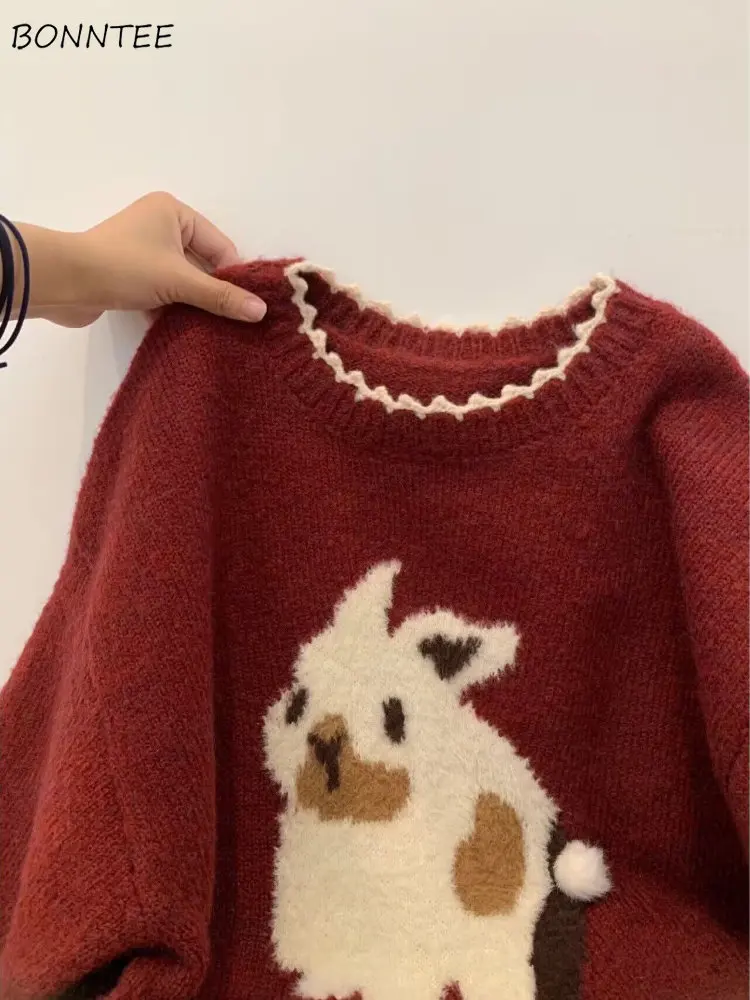 Red Knitted Pullovers Women Loose Festivals Leisure O-neck Lovely Sweet Y2k Vintage Cartoon Sweaters Ulzzang All-match Ins Hot