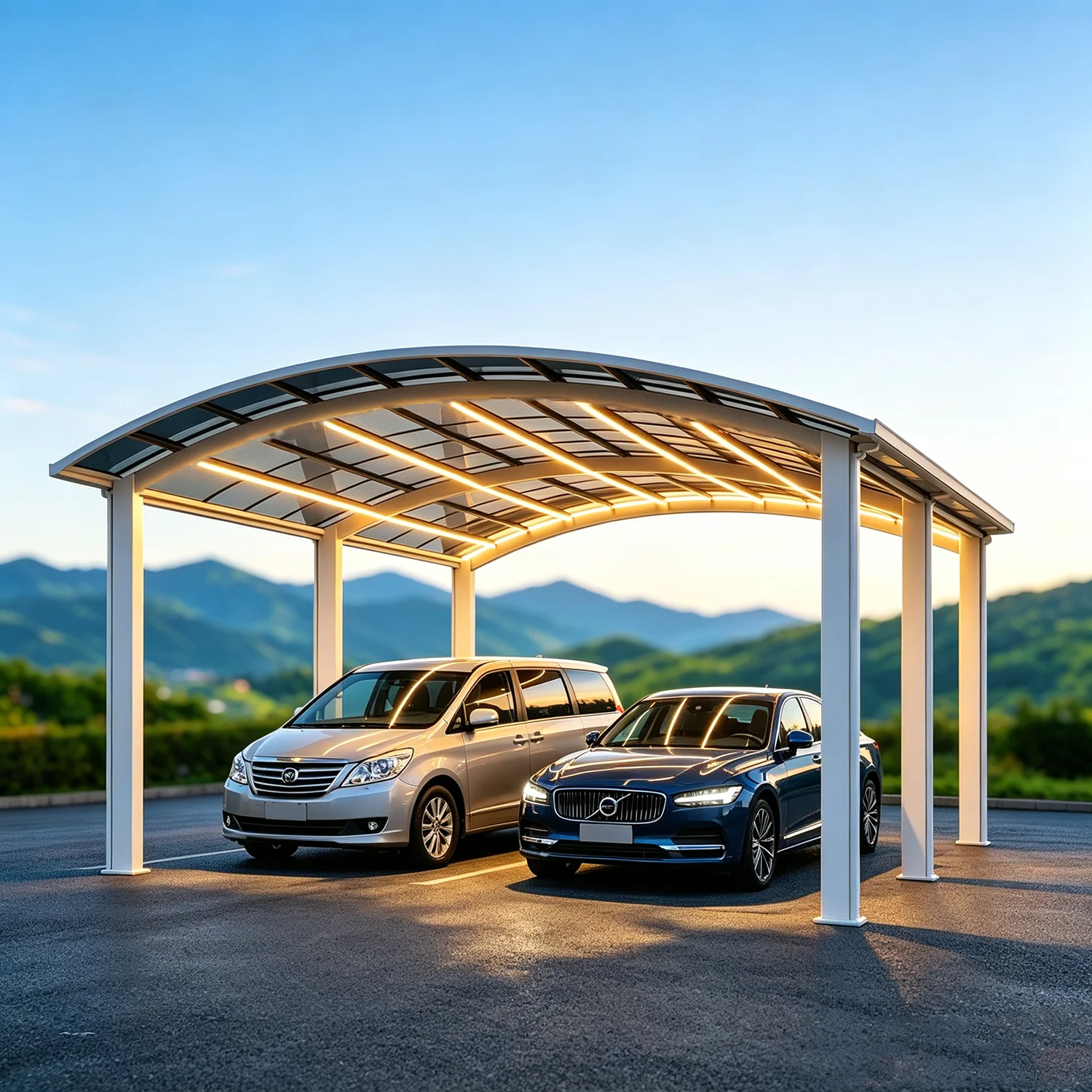 High Quality Aluminum Arched Carport Garage, Outdoor Shade for SUV, Heavy Duty Rain Snow Typhoon Canopy with LED Strip
