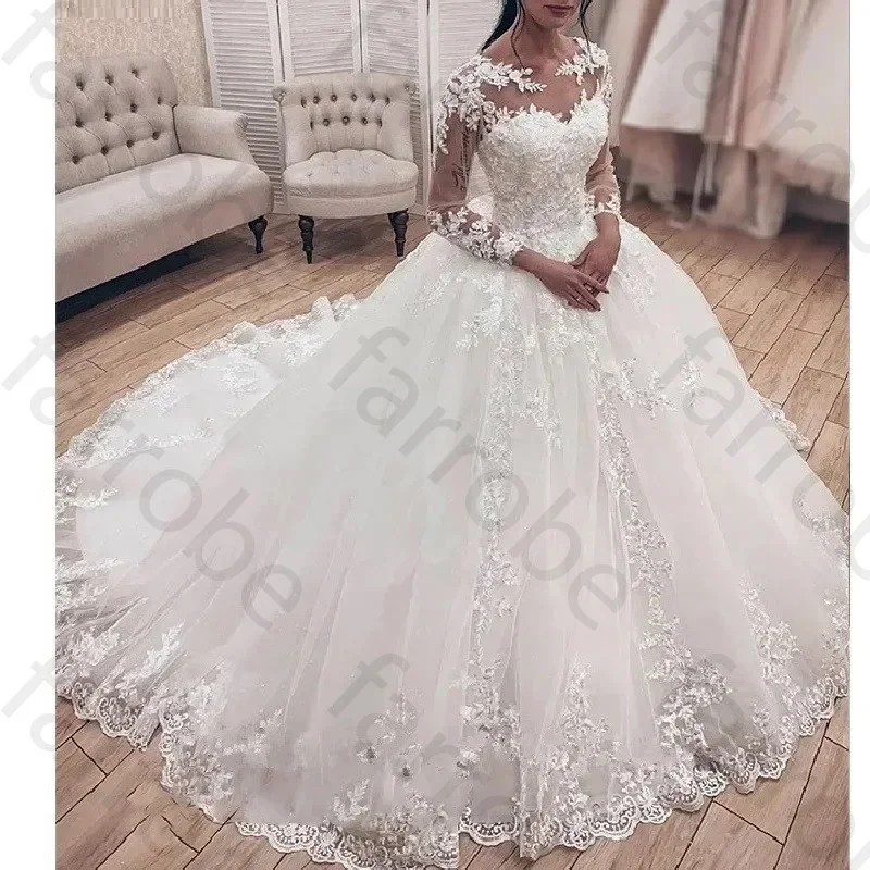 

Customized Princess Ball Gown Wedding Dress Long Sleeve Bride Dress O Neck Plus Size Robe Lace Beading Wedding Bridal Gown