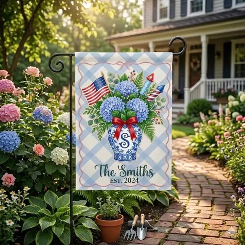 Custom Summer Garden Flag Blue Hydrangea, Personalized Family Name Est Date XXQ