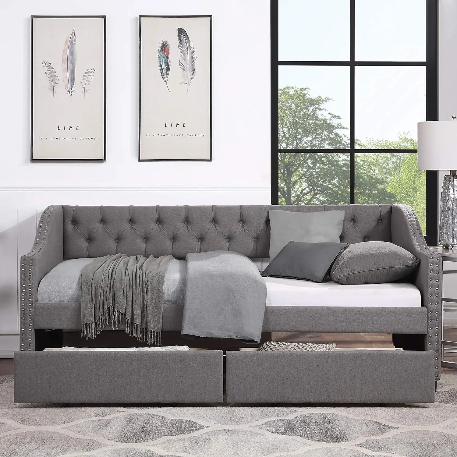 

Upholstered Daybed With Two Storage Drawers, Twin Size Storage Sofa Bed Daybed With Tufted Backrest And Wood Slat Support/Two