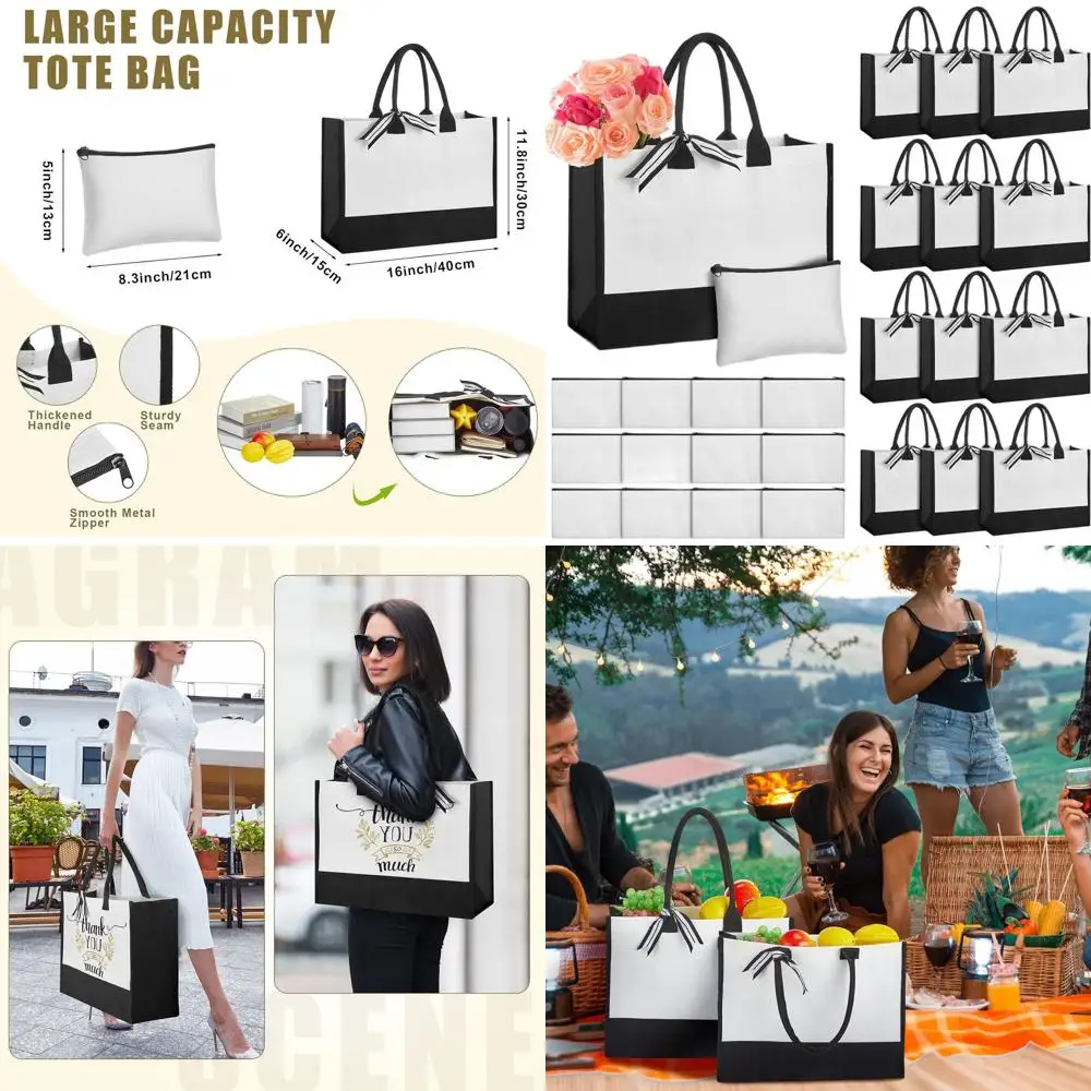 

24-Piece Beach Canvas Tote Set with Initials, Reusable Bags for Women, Perfect for Gifts, Shopping, and Weddings, Black & White