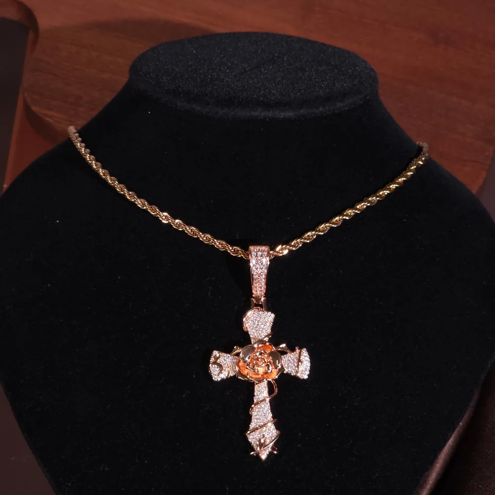 Icec cruz rosa zircônia cúbica pingente gelado cz hiphop charme personalidade colar combinando para rocker rapper moda presente