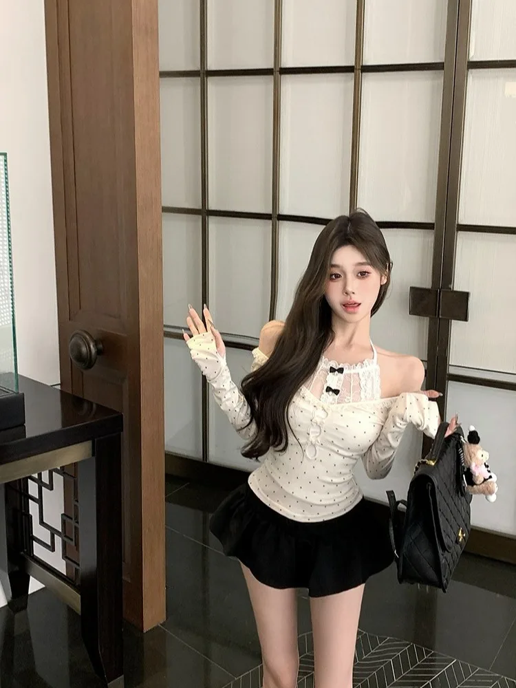 Camiseta larga Sve con nudo para mujer, Top de encaje con un solo hombro, conjunto de dos piezas ajustado, ropa informal para cita