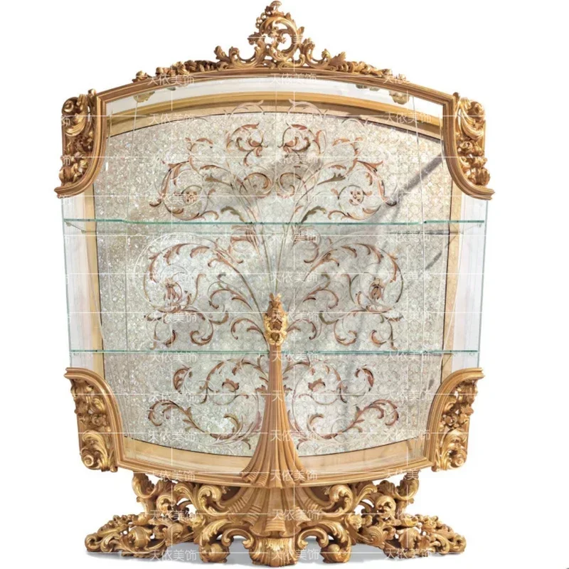 Italian luxury table side cabinet solid wood carved veneer shell double door glass display palace wine cabinet