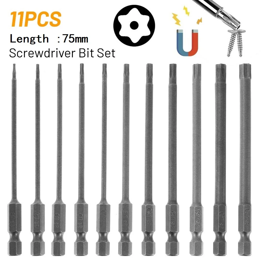 11pcs Magnet Torx Screwdriver Drill Set 1/4 Inch Hex Security Head Extra Long Screwdriver Bit For Electric Screwdrivers Drill