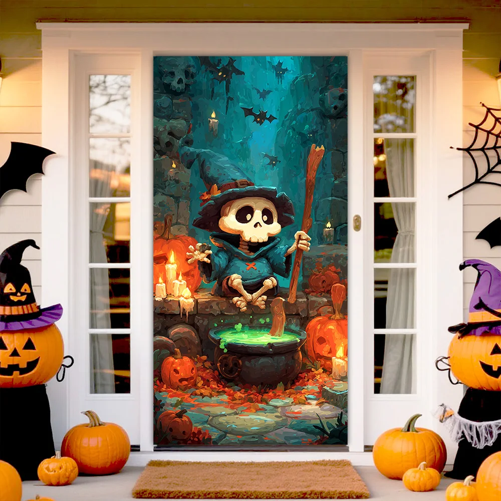 

Halloween background DOOR COVER pumpkin witch cartoon festival children room decoration cute Happy Halloween backdrop