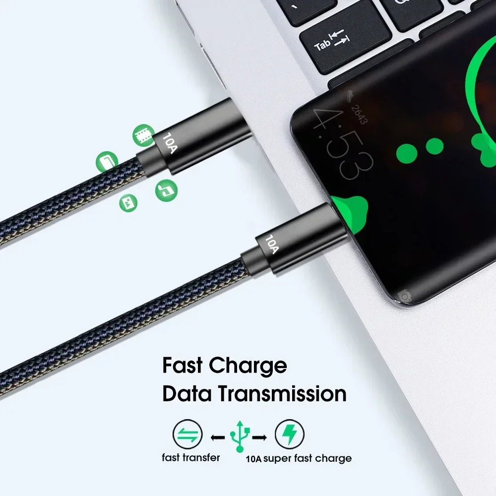 120W 10A PD Dual Type C Fast Charging Cable For iPhone 16 15 Mi Samsung USB C Charger Line High Speed Data Transfer Wire Cord