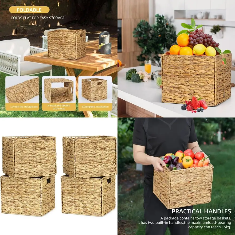 

Set of 4 Foldable Rectangular Wicker Storage Baskets, 13x11 inches, Natural Handwoven for Shelves and Outdoor Use