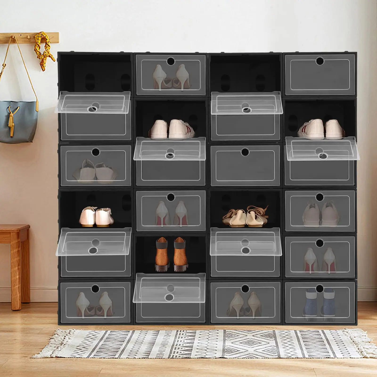 กล่องเก็บรองเท้า Eapmic 24 แพ็ค, ที่เก็บรองเท้าแบบวางซ้อนกันได้สําหรับตู้เสื้อผ้า, จอแสดงผลรองเท้าผ้าใบ, กล่องรองเท้าพลาสติกประหยัดพื้นที่, Sh ทนทาน