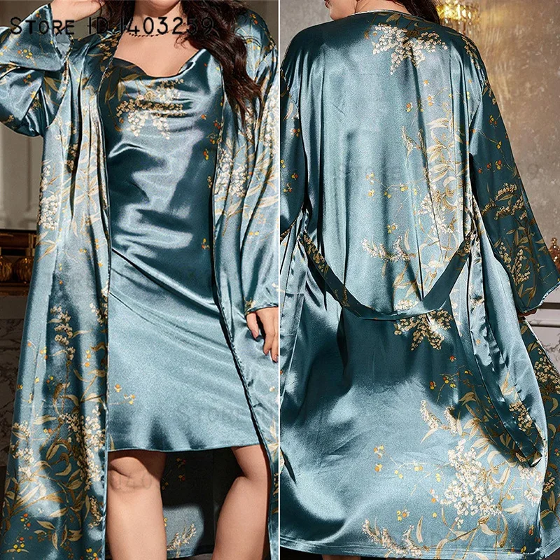 

Plus Size 5XL Women Long Robe Nightgown Two Piece Set Print Cherry Kimono Bathrobe Gown Spring Summer Rayon Sleepwear Homewear