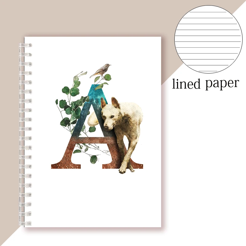 Spiral Notebook Initial Alphabet Majuscule Letter Note Book - Animal Bear Wolf Dog Elk Squirrel - Decor Personality Name Design