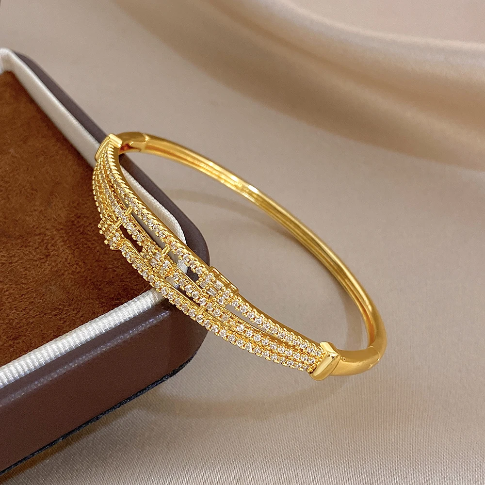 

Freetry Unique MultiLayer Rhinestone Bangle for Women Delicate Glossy Gold Plated Spring Bracelet Party Jewelry Accessories