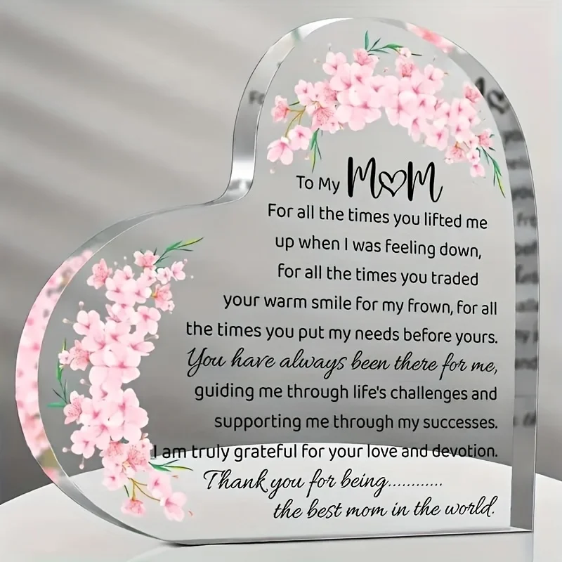 Placa de agradecimiento de mamá acrílica en forma de corazón con diseño floral Texto de escritura elegante Regalo de agradecimiento sentimental para madre ideal