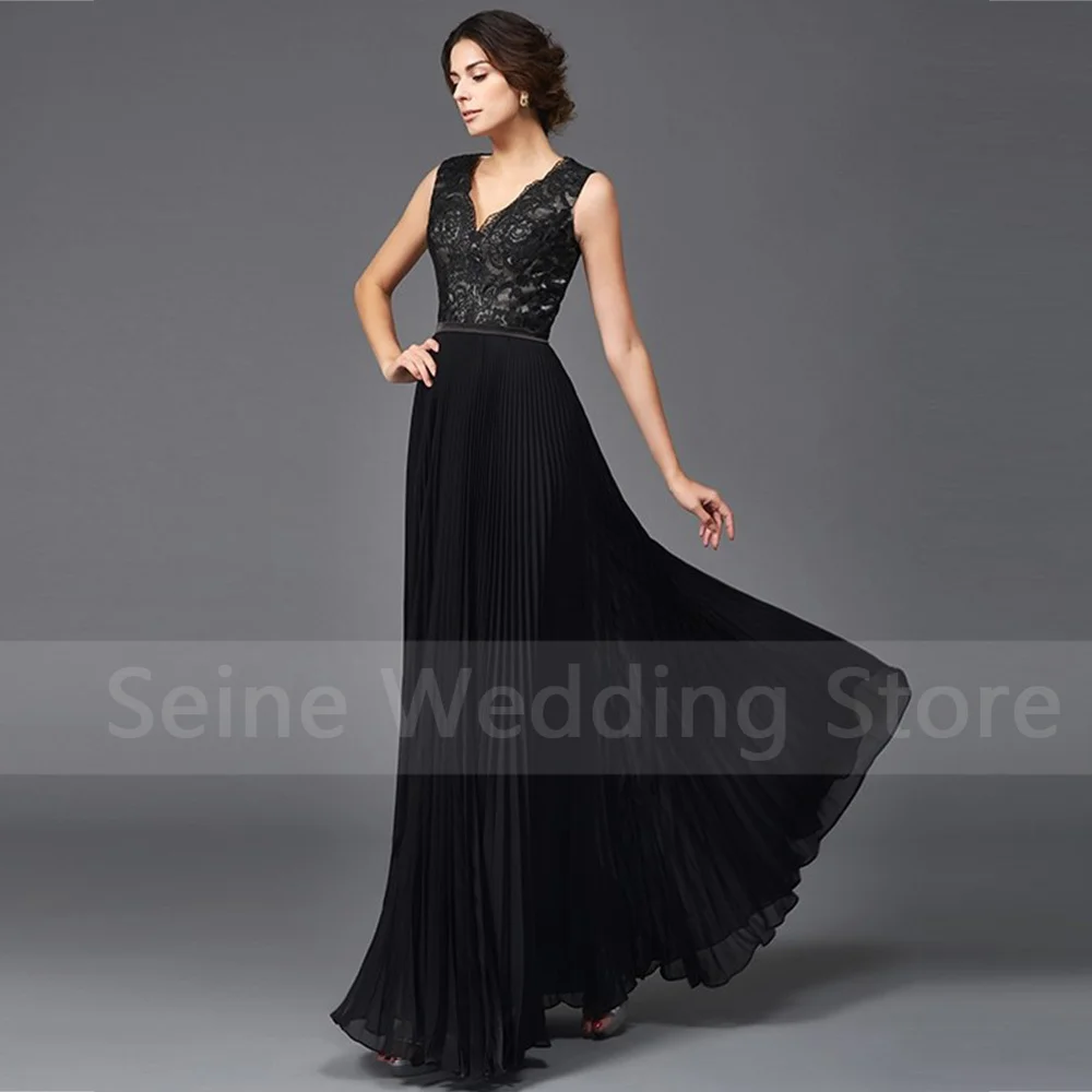 Vestido formal preto para a mãe 2022 decote em v sem mangas renda mãe da noiva vestidos chiffon personalizado até o chão robe de soiree