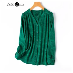 2024 Women's Retro Spring New Jade Green 100%Natural Mulberry Silk HuaLuo Jacquard Satin Light Luxury V-neck Long Sleeved Shirt