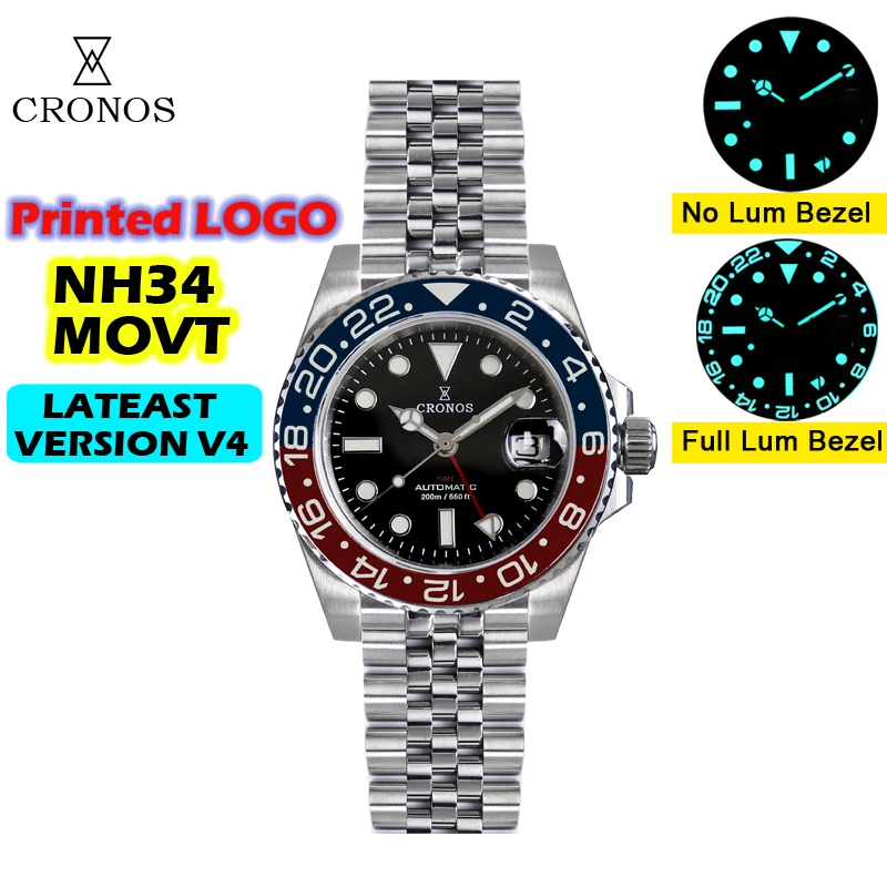 Cronos GMT NH34 Automatic Men Watch Bidirectional Bezel Sapphire 20 ATM Solid, 5 Links Metal Bracelet BGW-9 Lum